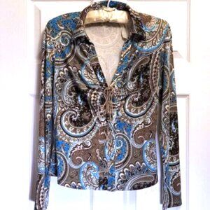 Baranda Paisley Stretch Blouse Leather Lace-Up Front - Medium